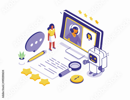 
Hiring and human recourses concept. Character use artificial intelligence technology for business recruitment process, job searching, interview. Flat