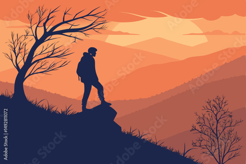 51 A lone figure silhouetted against a vibrant sunset sky, standing atop a hill overlooking a mountainous landscape, cinematic, dramatic lighting, awe-inspiring, breathtaking, mystical, deep orange an