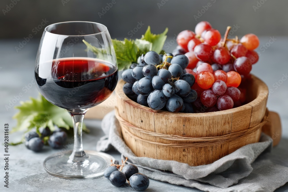 Quality red wine paired with fresh grapes displayed elegantly on a rustic wooden table Quality red wine paired with fresh grapes displayed elegantly on a rustic wooden table