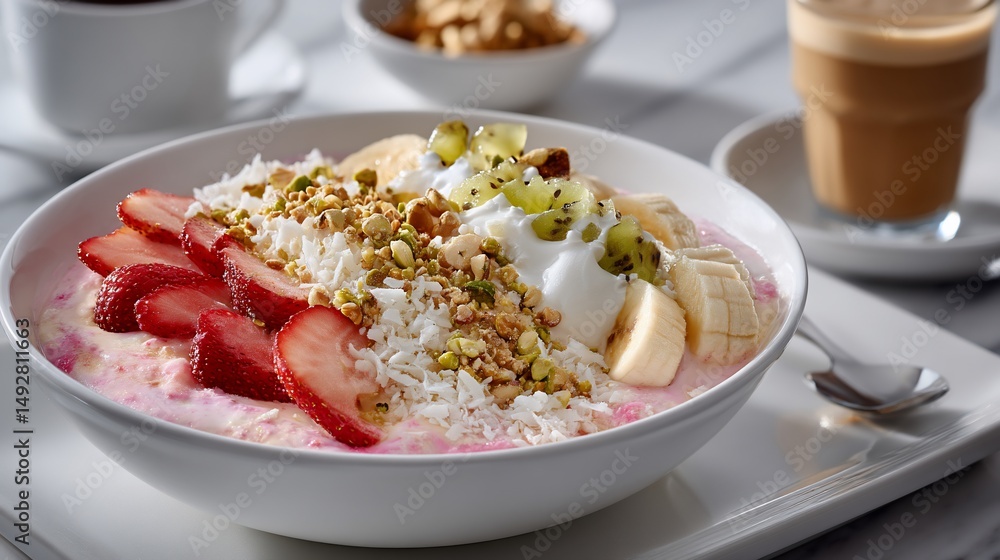A vibrant breakfast bowl with colorful fruits, nuts, and yogurt, coffee in background A vibrant breakfast bowl with colorful fruits, nuts, and yogurt, coffee in background
