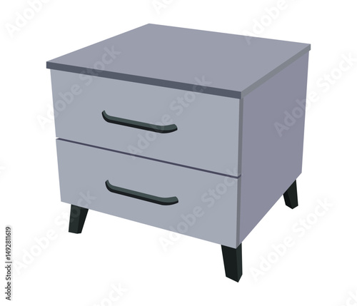 Modern gray nightstand with two drawers and black handles on four legs isolated