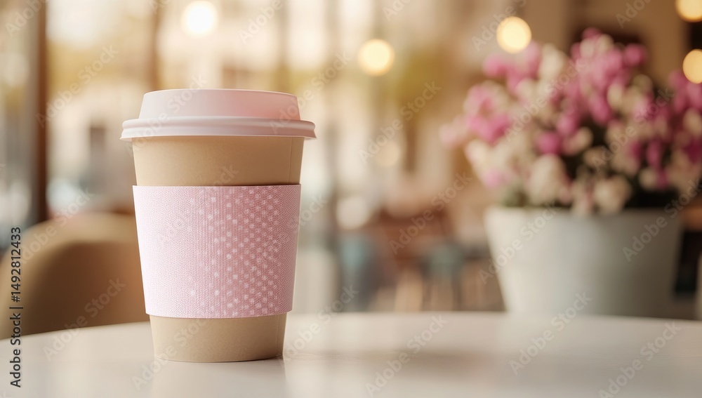 A beige disposable coffee cup with a pink sleeve sits on a white table in a softly lit cafe, blurred flowers in a pot behind it A beige disposable coffee cup with a pink sleeve sits on a white table in a softly lit cafe, blurred flowers in a pot behind it