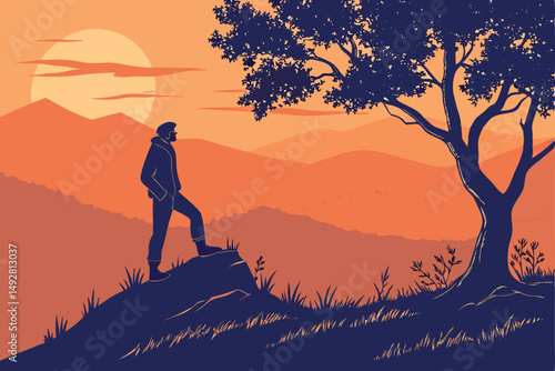 51 A lone figure silhouetted against a vibrant sunset sky, standing atop a hill overlooking a mountainous landscape, cinematic, dramatic lighting, awe-inspiring, breathtaking, mystical, deep orange an