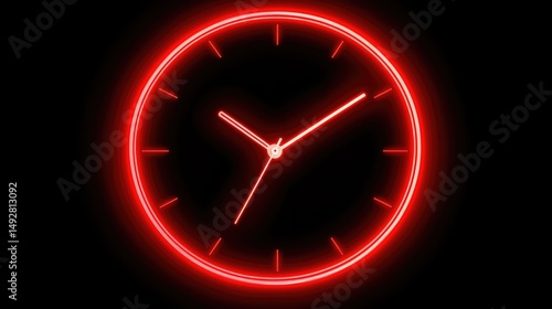Glowing red clock face with neon rim against black background