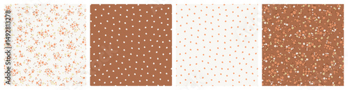 Vector illustrations. Set of 4 Seamless patterns in pastel beige brown tones, tiny flowers and dots. Summer, vacation, fabric design, wrapping paper design