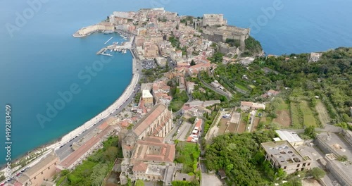 Aerial view of the historic center of the town of Gaeta, overlooking the Mediterranean Sea. It is a famous tourist destination in the province of Latina, Lazio, Italy.