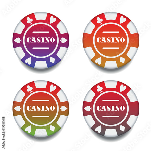 Chip with card suits. Vector 3d clipart isolated on white background.