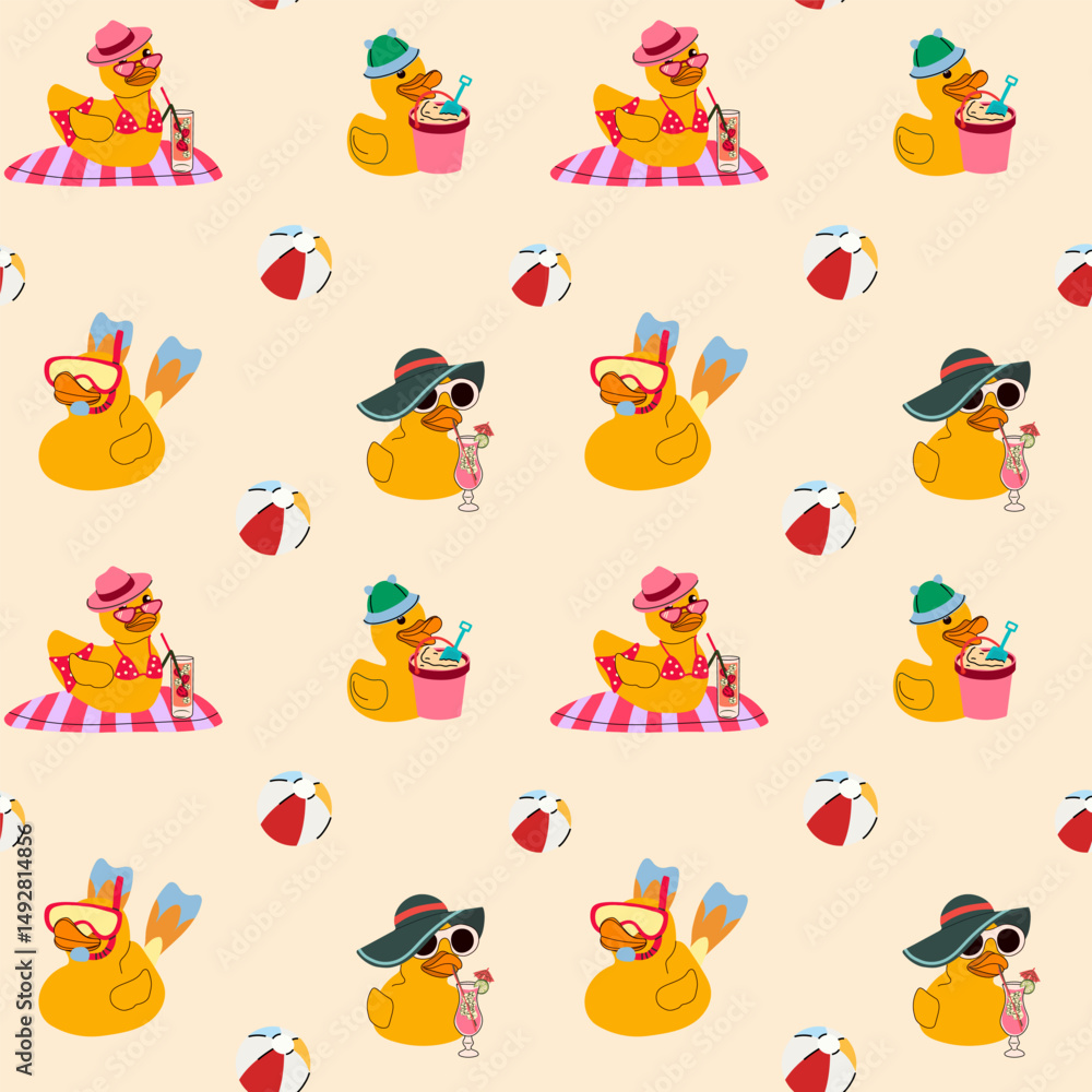 Obraz premium Beach Day Rubber Ducks. Cute Seamless Summer Pattern