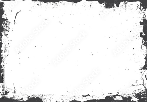 Vector black grunge print border texture frame. Rough dirty overlay on white background. Broken frame edge with grunge and damaged elements.