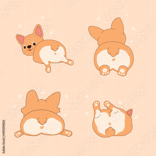 Funny and Cute Corgi Butts. Heart Design Dog Characters