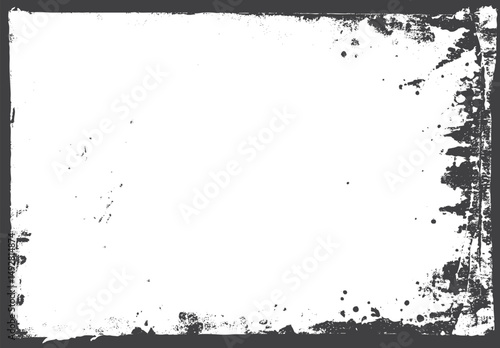 Grunge black frame with rough textured border. Broken edges and dirty overlay print style. Vector background with white and grunge frame texture.