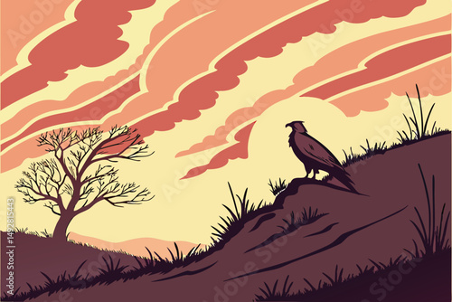 52 detailed silhouette of a bird perched on a hill, dramatic colorful sunset sky, warm vibrant tones, minimal landscape, cinematic lighting, digital painting, highly detailed, 4k resolution