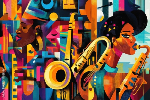A vibrant abstract mural celebrates the Harlem Renaissance, blending music, literature, and art for Black History Month