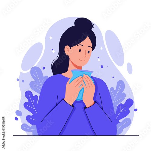 Woman holding cold compress while smiling softly in a colorful background  