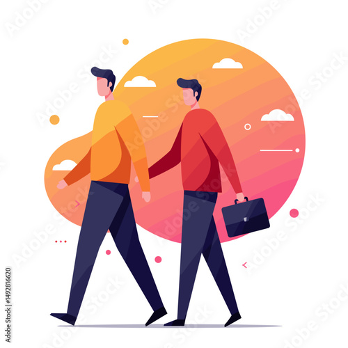 Two men walking together with a briefcase in a colorful background  