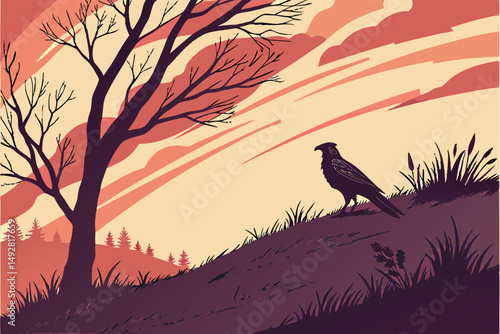 52 detailed silhouette of a bird perched on a hill, dramatic colorful sunset sky, warm vibrant tones, minimal landscape, cinematic lighting, digital painting, highly detailed, 4k resolution