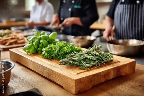 Chefs preparing fresh herbs on a wooden cutting board in a bustling kitchen during a culinary workshop