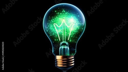 Wallpaper Mural A glass lightbulb glows with vibrant green and teal energy, resembling a nebula or cosmic explosion within its transparent form against a black backdrop Torontodigital.ca