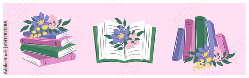Set of different books decorated with spring-summer flowers. Vector illustration for bookstore, festival, library, shop, market, marketing, sale.
