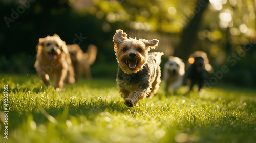 A group of dogs running freely on a green lawn, capturing the joy of movement and connection with nature.