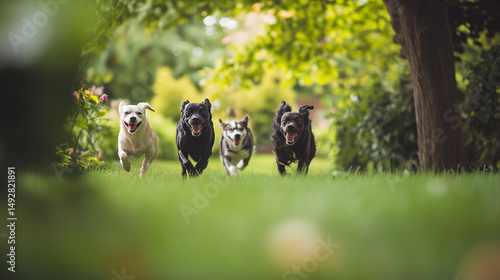 A group of dogs running freely on a green lawn, capturing the joy of movement and connection with nature.
