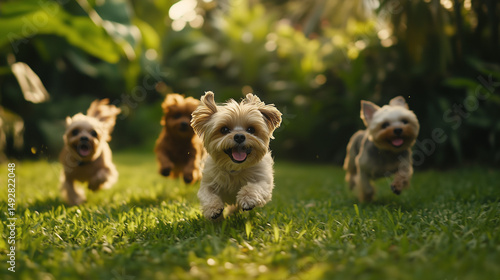 A group of dogs running freely on a green lawn, capturing the joy of movement and connection with nature.
