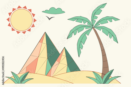 54 3d render, minimalist, geometric shapes, sun, mountain, palm tree, paper craft, pastel colors, bright vibrant, digital illustration