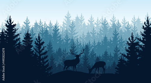 silhouette of dark blue a mountainous pine forest landscape and deer wildlife. vector illustration