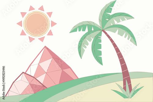 54 3d render, minimalist, geometric shapes, sun, mountain, palm tree, paper craft, pastel colors, bright vibrant, digital illustration