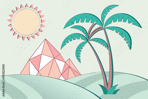 54 3d render, minimalist, geometric shapes, sun, mountain, palm tree, paper craft, pastel colors, bright vibrant, digital illustration
