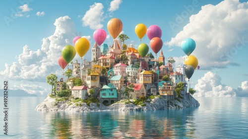 A whimsical island town afloat, vibrant houses, colorful hot air balloons, serene waters, and fluffy clouds, creating a dreamy and enchanting scene.