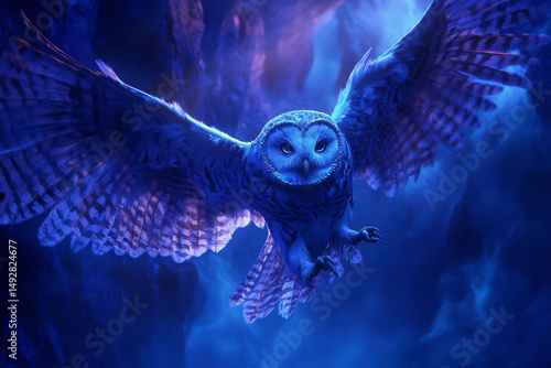 Majestic owl in midflight, wings gracefully open, gliding through mystical blue environment. scene evokes sense of wonder and tranquility, showcasing beauty of nature