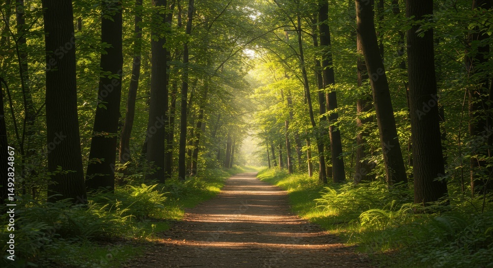 Fototapeta premium Serene Sunlight Path Through Lush Green Summer Forest Trees Canopy Nature Trail