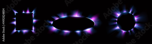 Banner with glowing neon tube and retro flare in 80s style using electric frame and digital light for dark casino background with party signboard set and transparent rectangular vector overlay

