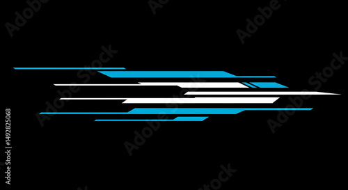 An abstract design featuring dynamic horizontal stripes in shades of blue and white, suggesting speed and motion against a solid black background.