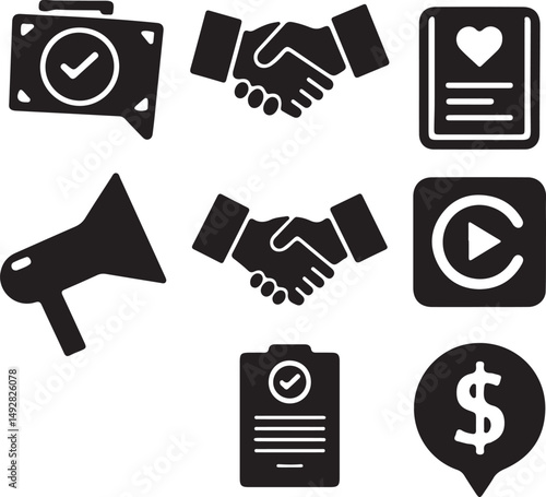 Create a kinds of Business marketing icon set. Containing agreement, donation, handshake, partnership, money, social media, megaphone, sponsor, purchase, Vector illustration vector art .