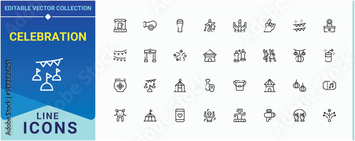 Celebration line icon set. Contains such symbols as holiday, firework, entertainment, decoration, event and more. Festival icon set in linear style. Thin UI icons. Editable stroke collections.