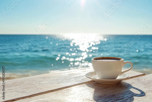 Fototapeta Naklejka Na Ścianę i Meble -  Enjoying coffee by the beach with a stunning ocean view on a sunny day, Coffee cup on a table by the beach with ocean view and sunny sky Relaxing seaside  concept