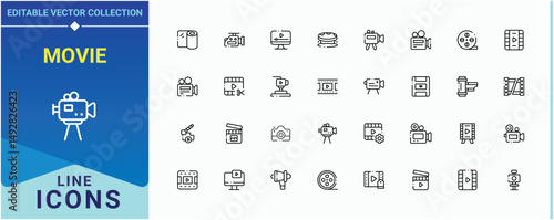 Movie icon set. Contains such icons as entertainment, multimedia, cinema, theater, media, video and more. Film icon set. Minimal icons pack. Signs for web and mobile app.