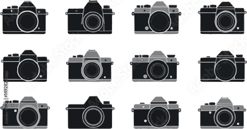 Create a kinds of camera icon set photo camera vector art silhouette with white background.
