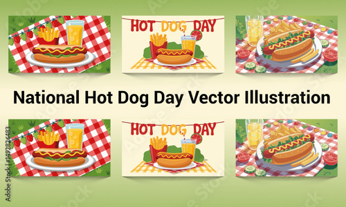 National Hot Dog Day Vector illustration. Gourmet BBQ Hotdog, set of hot dog day with fries, hot dog, ketchup, mustard, lemonade, tomato slice, cucumber slice, lettuce, sausage, tomato, cucumber. 