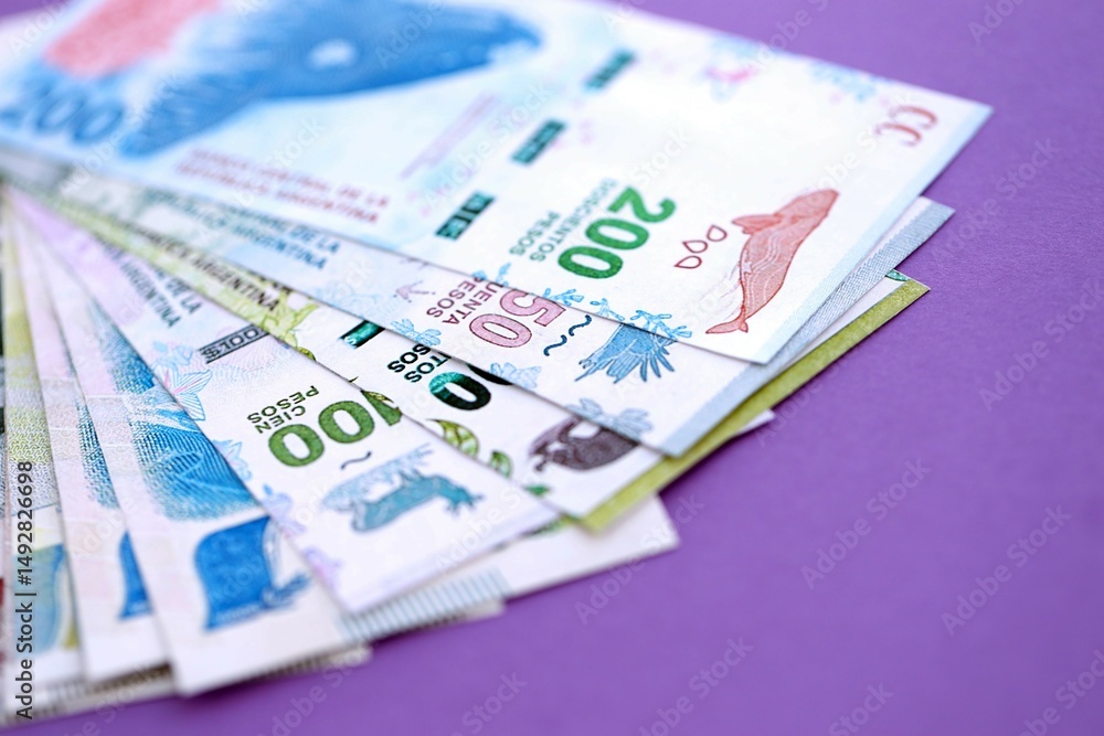 Argentine pesos money bills in big amount lies on purple color table close up Argentine pesos money bills in big amount lies on purple color table close up