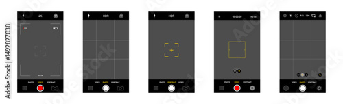 Camera overlay with viewfinder frame and digital screen showing snap grid and photo preview for motion picture template with aperture zoom lens dark background and vector composition

