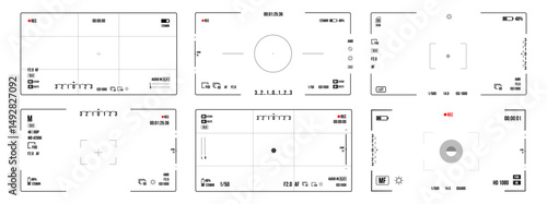 Frame for digital camera preview with lens and viewfinder screen showing recording motion picture and photo grid with exposure speed overlay for modern snap device and transparent template

