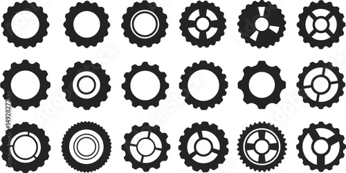 Create a kinds of Gear icon set. Cogwheel collection in different shape. Gear wheel isolated on white background. Vector illustration silhouette with white background.