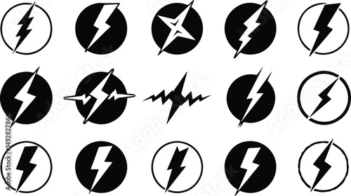 Create a kinds of Lightning bolt icon set, Thunderbolt in the circle, flash electric symbol, Vector illustration silhouette with white background.