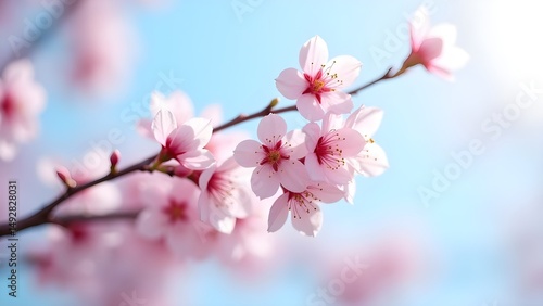 Delicate Pink Cherry Blossoms in Full Bloom Against a Soft Blue Sky on a Sunny Spring Day