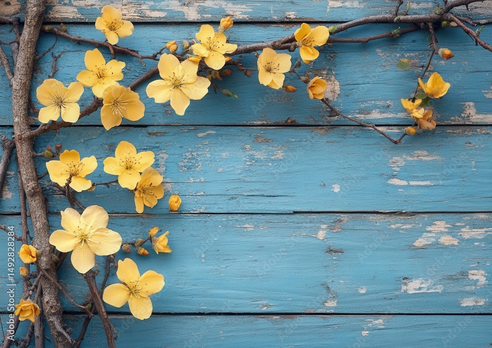 Vibrant yellow flowers entwined on rustic blue wooden planks, showcasing nature's beauty in a peaceful floral arrangement. Vibrant yellow flowers entwined on rustic blue wooden planks, showcasing nature's beauty in a peaceful floral arrangement.