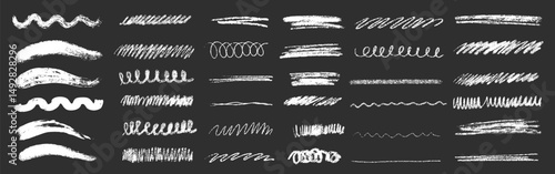 Hand drawn white chalk pencil crayon stroke smears textured lines. Highlight grunge doodles childish elements isolated on white background. Underline scrapbook decoration set.