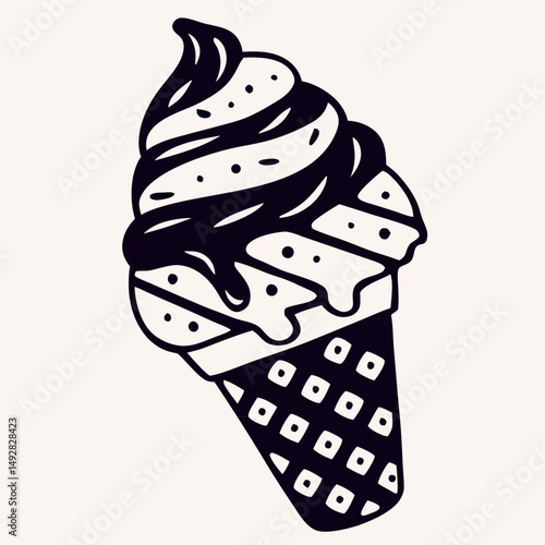 Ice Cream Cone Drawing, Black and White Sweet Treat Illustration